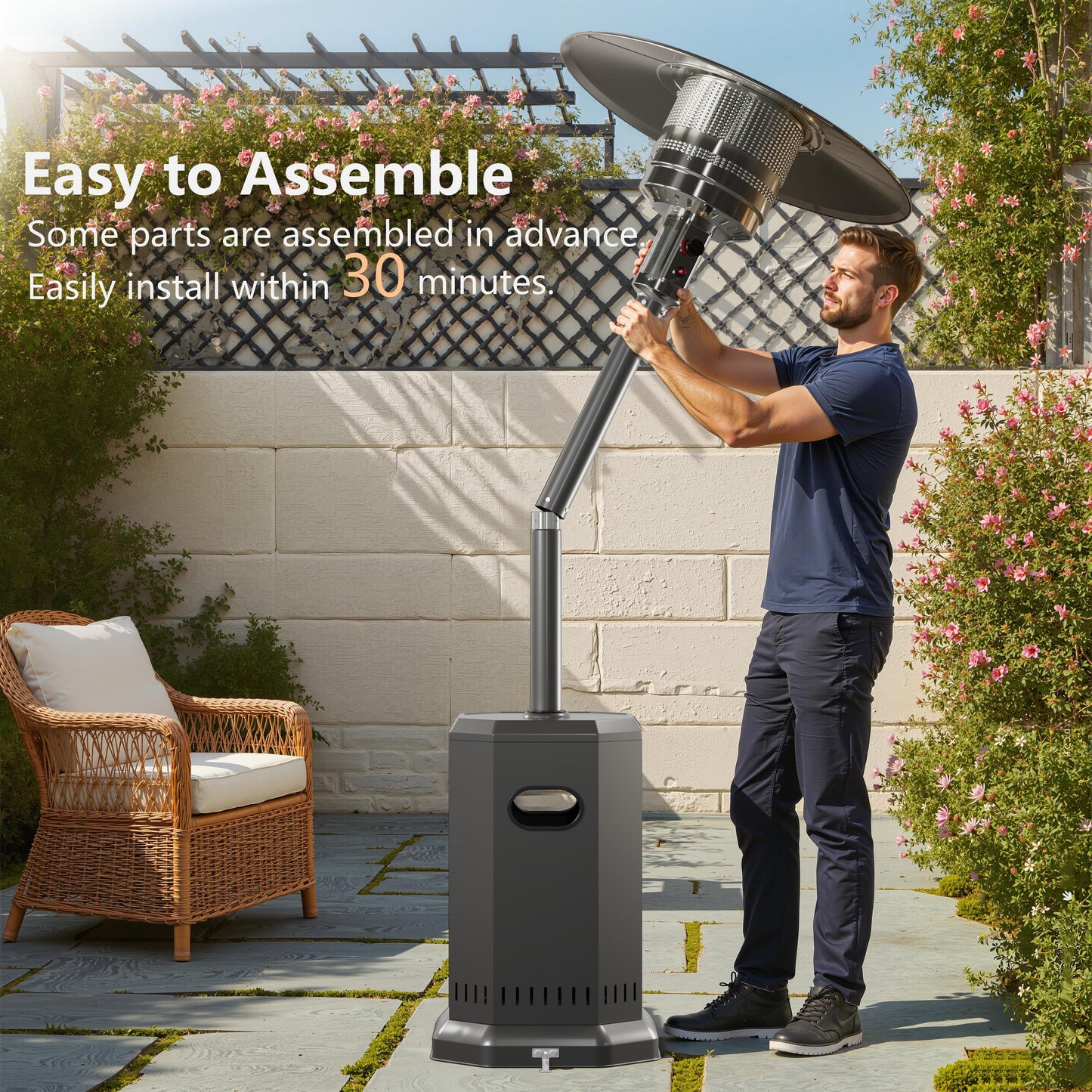 50,000 BTU Propane Patio Heater, Outdoor Heater with Table Design, 2025 Upgrade Stainless Steel Burner, and Wheels, Portable Heater for Home and Commercial, Gray