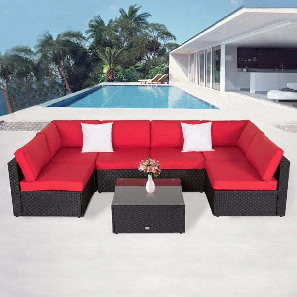 Kinbor 7pcs Outdoor Patio Rattan Wicker Furniture Sectional Sofa Set with Gray Cushions