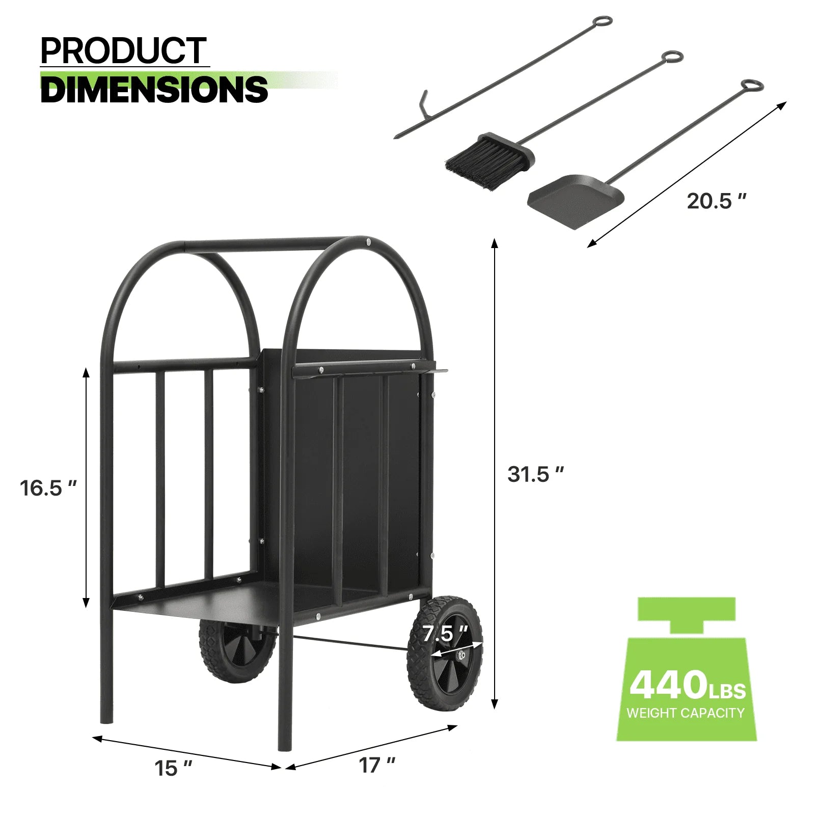 Magshion Firewood Rack Log Cart with Wheels & Tools Set, Fireplace Log Holder with Poker, Shovel & Broom for Indoor Outdoor Patio, Black
