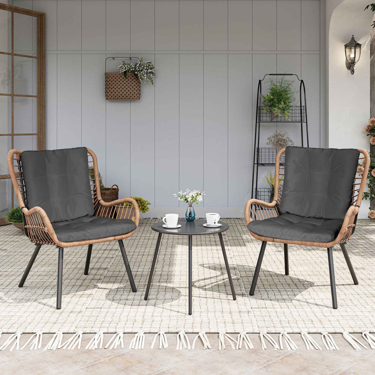 LAUSAINT HOME 3-Piece Patio Furniture Set, High Back Outdoor Bistro with Coffee Table & Beige Cushions for Garden or Deck