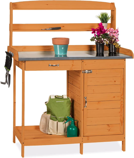 YUONAO Outdoor Garden Wooden Potting Bench with Metal Table Top, Pre-Stained Finish, Cabinet & Sliding Drawer - Storage Shelf for Backyard, Patio, Garden Use