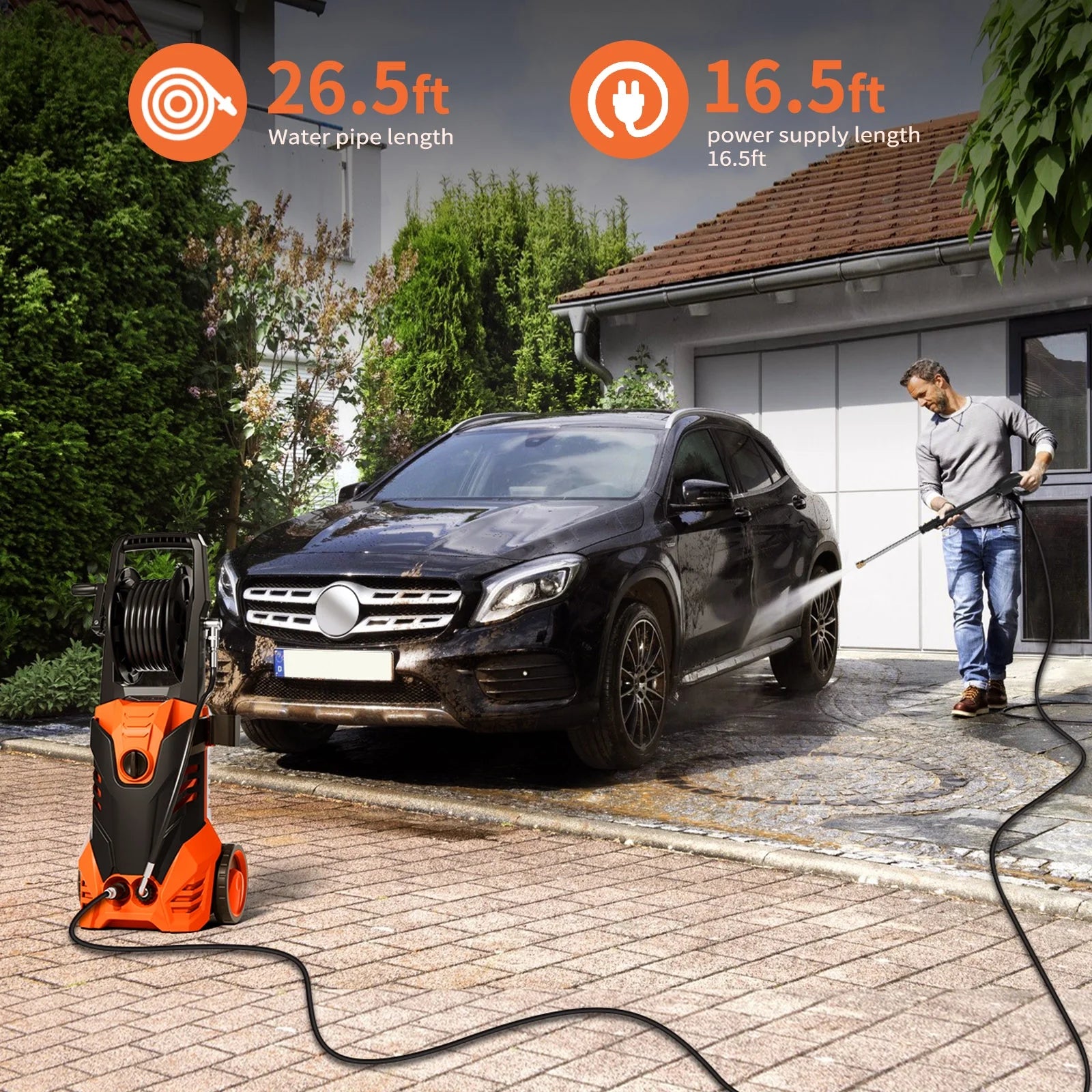 Furnibear 3800 PSI Electric Pressure Washer - Lightweight with Wheels, Easy to Assemble, Includes 5 Nozzles for Cars, Fences, Patios & Driveways