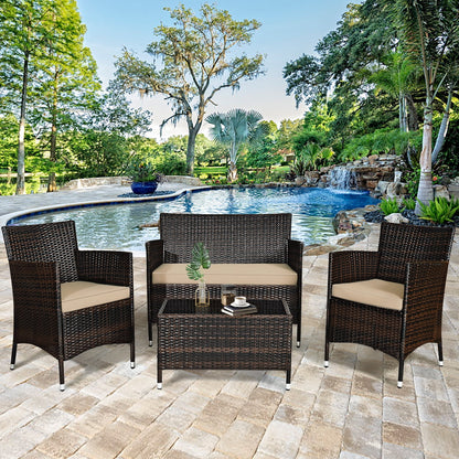 Gymax 4PCS Patio Rattan Outdoor Furniture Set w/Cushioned Chair Loveseat Table