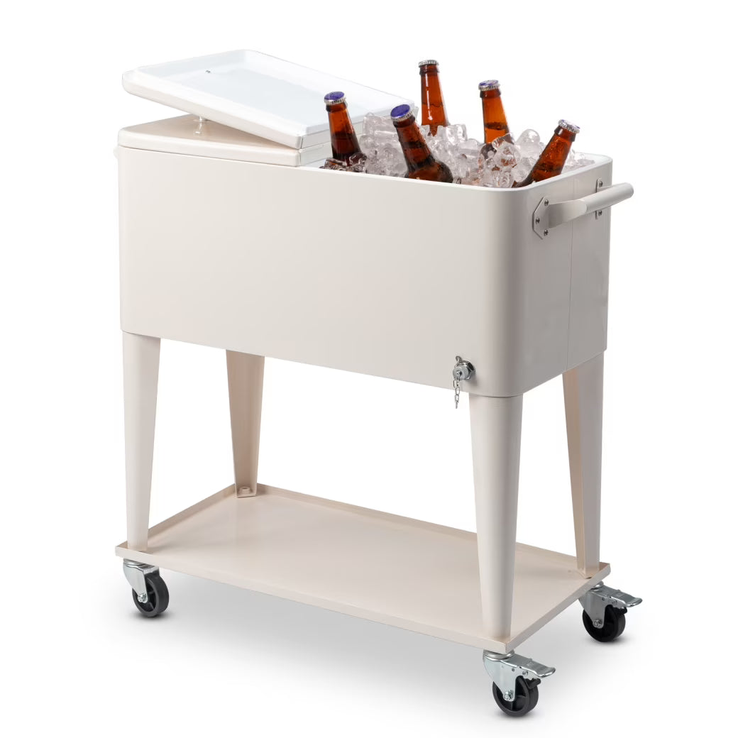 80 QT Rectangular Rolling Cooler Cart with Wheels, Portable Ice Chest with Bottle Opener and Storage Shelf, Outdoor Beverage Cart Ice Chest Cart for Patio Party, Picnic, BBQ, Camping, Red &White