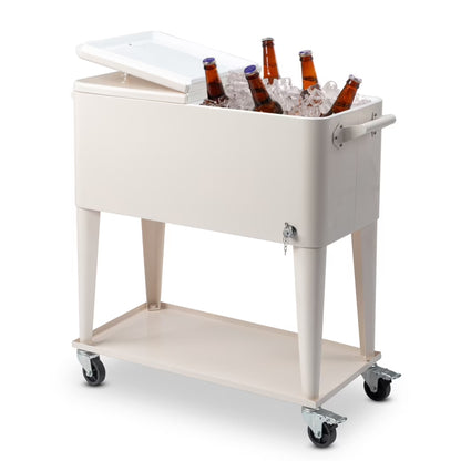 80 QT Rectangular Rolling Cooler Cart with Wheels, Portable Ice Chest with Bottle Opener and Storage Shelf, Outdoor Beverage Cart Ice Chest Cart for Patio Party, Picnic, BBQ, Camping, Red &White