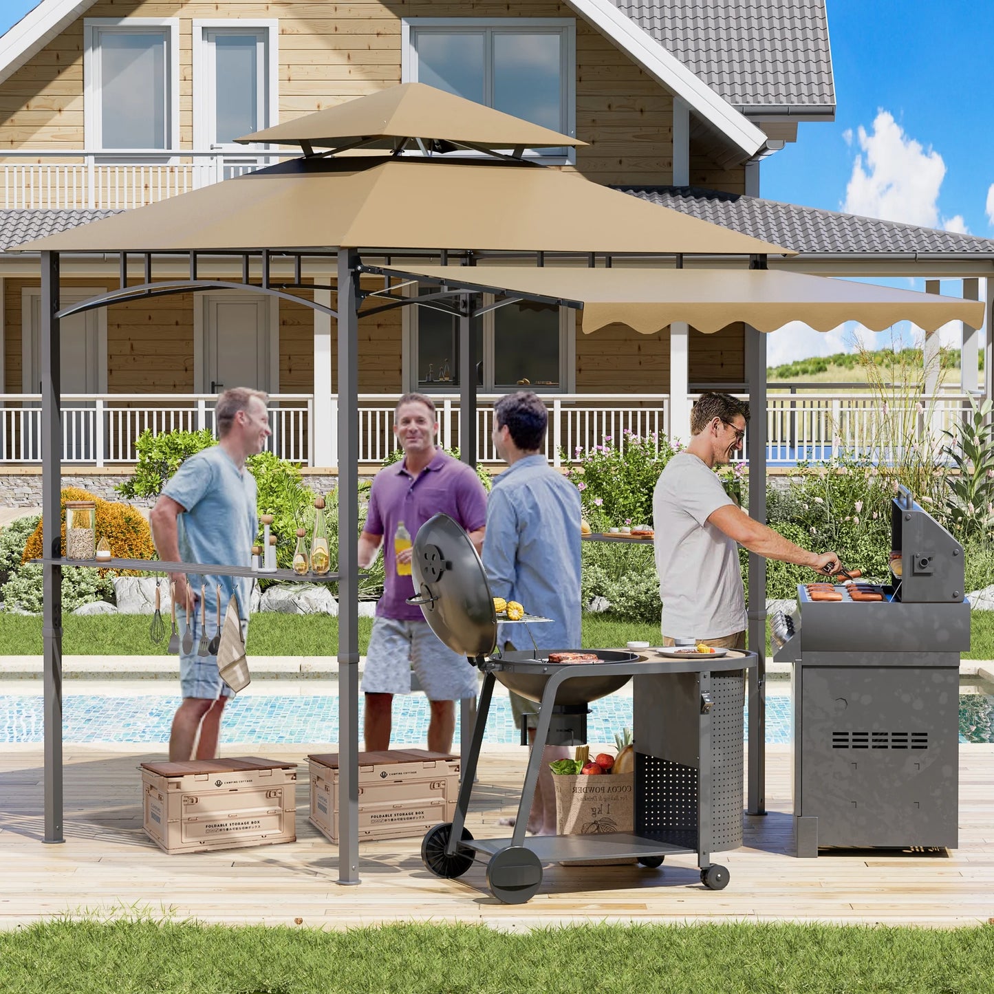 Magic Union 8'X8' Grill Gazebo Canopy - Heavy Duty Steel Frame, Double Tiered Grill Canopy for Outdoor Grill W/Shelves, Ceiling Hooks and Ground Stakes, Patio Canopy Tent BBQ Gazebo for Backyard