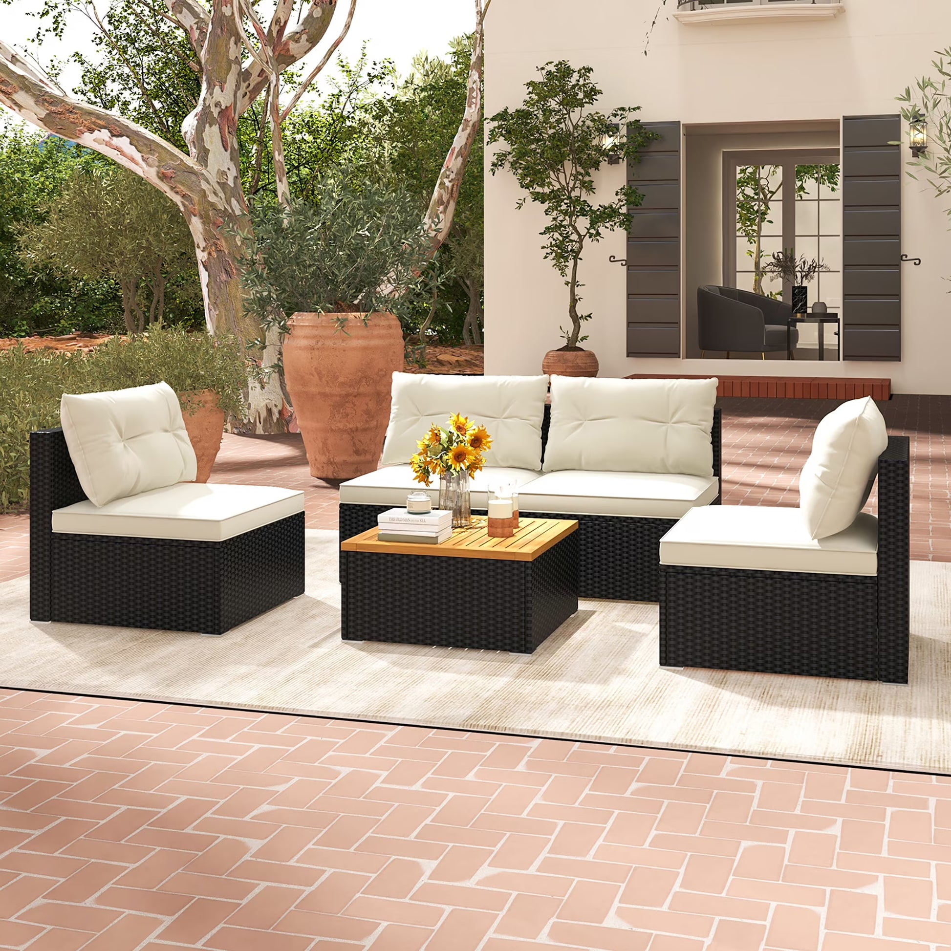 Gymax 5PCS Rattan Patio Conversation Sofa Set Outdoor Furniture Set w/Off White Cushions