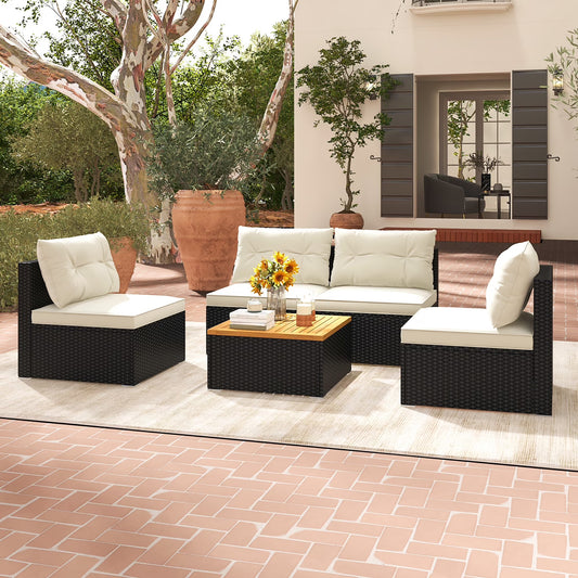 Gymax 5PCS Rattan Patio Conversation Sofa Set Outdoor Furniture Set w/Off White Cushions