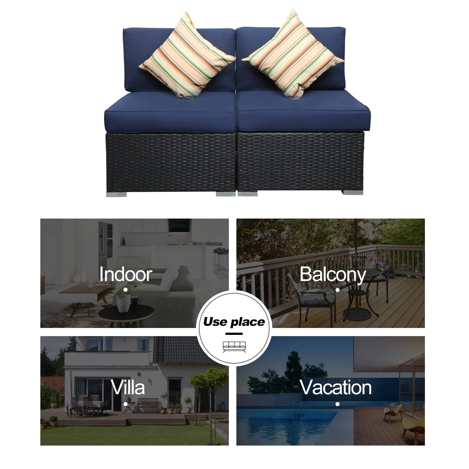 2 Piece Blue Outdoor Wicker Furniture Sets, Patio Sofa Conversation Sets Sectional Patio Furniture with Coffee Table, for Garden Lawn Backyard Poolside by LAZYLAND (Blue)