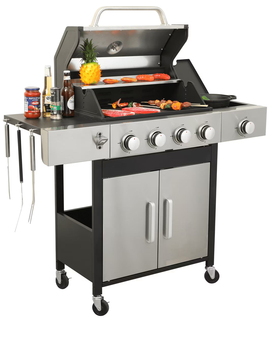 HighSound 3 Burner BBQ Propane Gas Grill, Stainless Steel 25650 BTU Patio Garden Barbecue Grill with Wire Enamel Cooking Grids & Foldable Shelves, Black