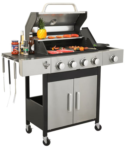 HighSound 3 Burner BBQ Propane Gas Grill, Stainless Steel 25650 BTU Patio Garden Barbecue Grill with Wire Enamel Cooking Grids & Foldable Shelves, Black
