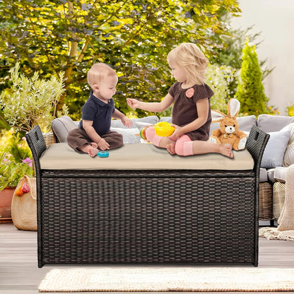 SOLAURA 90 Gallon Patio Wicker Storage Bench w/Cushion, Outdoor Rattan Deck Storage Box w/Handles & Hydraulics, Gray