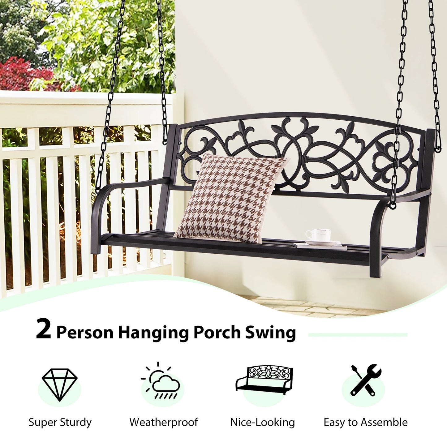 Costway 2-Person Metal Outdoor Porch Swing Hanging Patio Bench 485 Lbs Capacity Brown