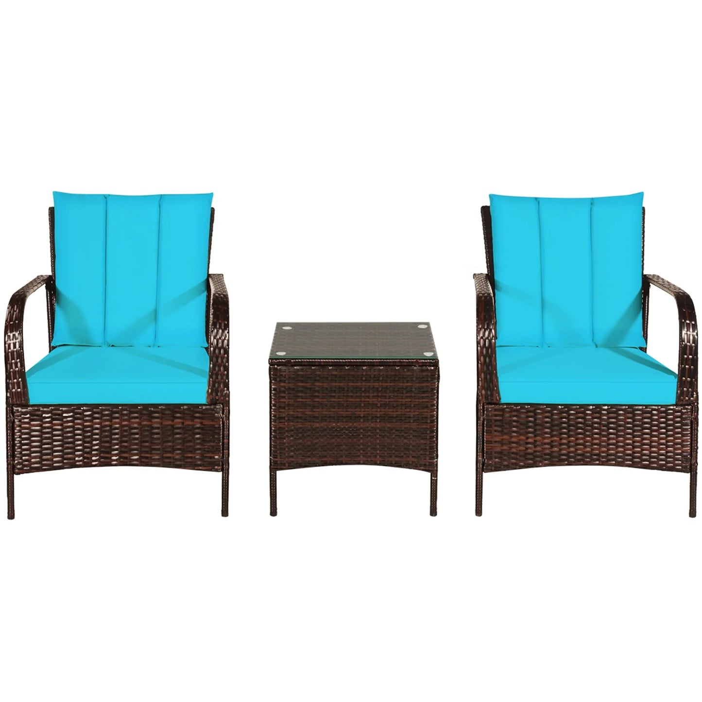 Gymax 3PCS Patio Rattan Conversation Set Outdoor Furniture Set w/Turquoise Cushion