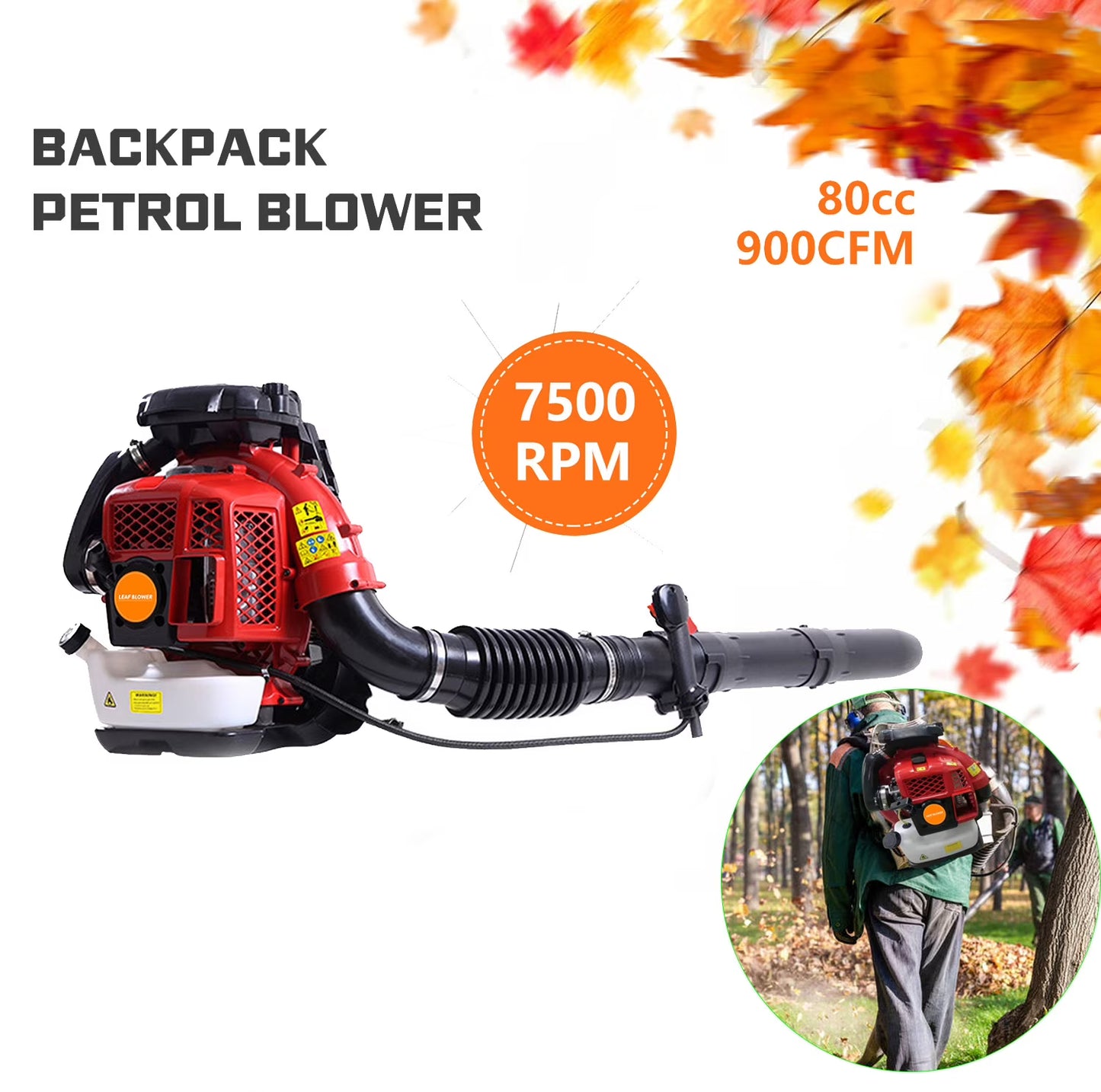 Limorve EB650 Backpack Leaf Blower, 2-Stroke Engine Multi-purpose 63 Cubic Centimeter High Strength Snow Blower for Lawn Care, Patio, Sidewalk,Snow Blowing-Orange