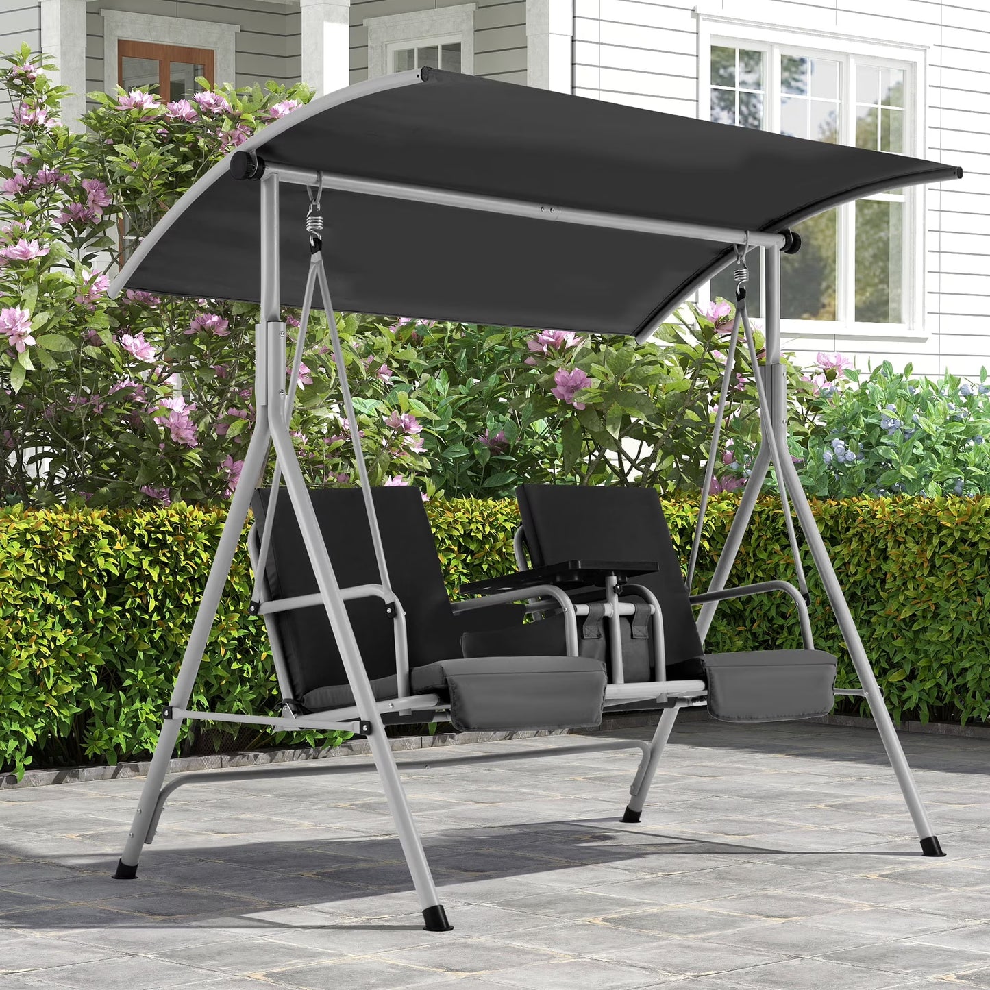 HOMREST Patio Swing with Adjustable CanopyHeavy Duty 650 LBS Outdoor Swing with Pivot Storage Table & 4 Cup Holders & Cushions for Yard, Lawn, Backyard, Navy Blue