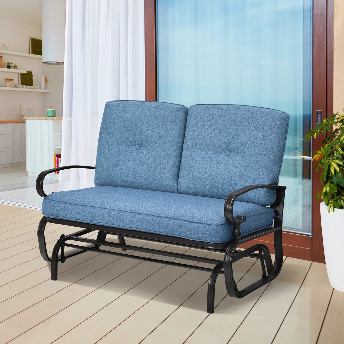 Costway Glider Outdoor Patio Rocking Bench Loveseat Cushioned Seat Steel Frame Blue
