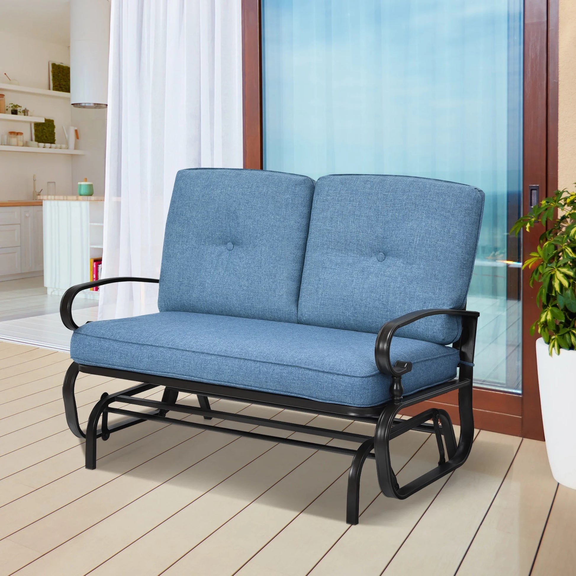 Costway Glider Outdoor Patio Rocking Bench Loveseat Cushioned Seat Steel Frame Blue