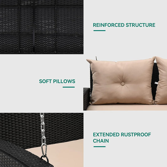 Craftian 2-Seats Wicker Hanging Porch Swing Chair Outdoor Black Rattan Patio Swing Lounge w/2 Back Cushions Capacity 770lbs for Garden, Balcony, Living Room, Beige