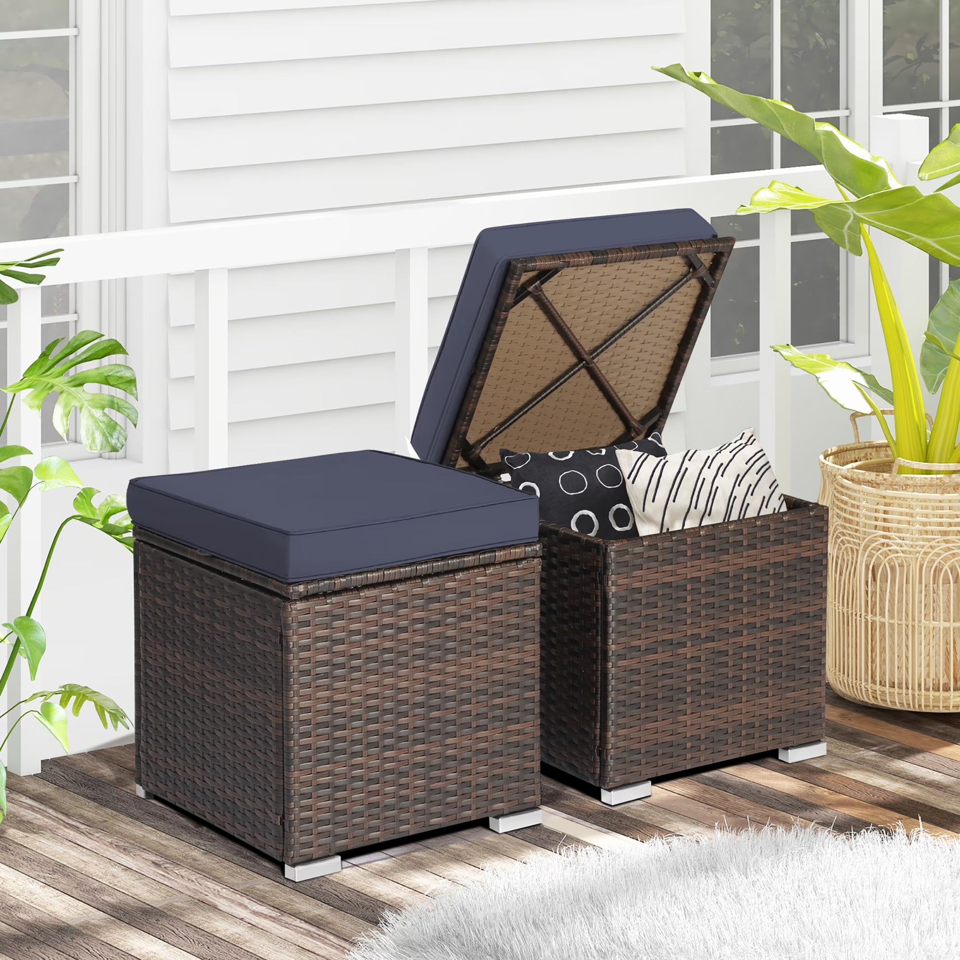 Gymax 2PCS Outdoor Patio Ottomans Hand-Woven PE Wicker Footstools w/Removable Cushions Grey
