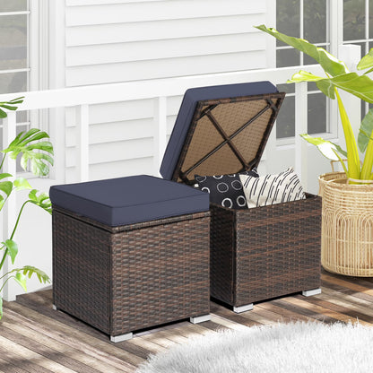 Gymax 2PCS Outdoor Patio Ottomans Hand-Woven PE Wicker Footstools w/Removable Cushions Grey