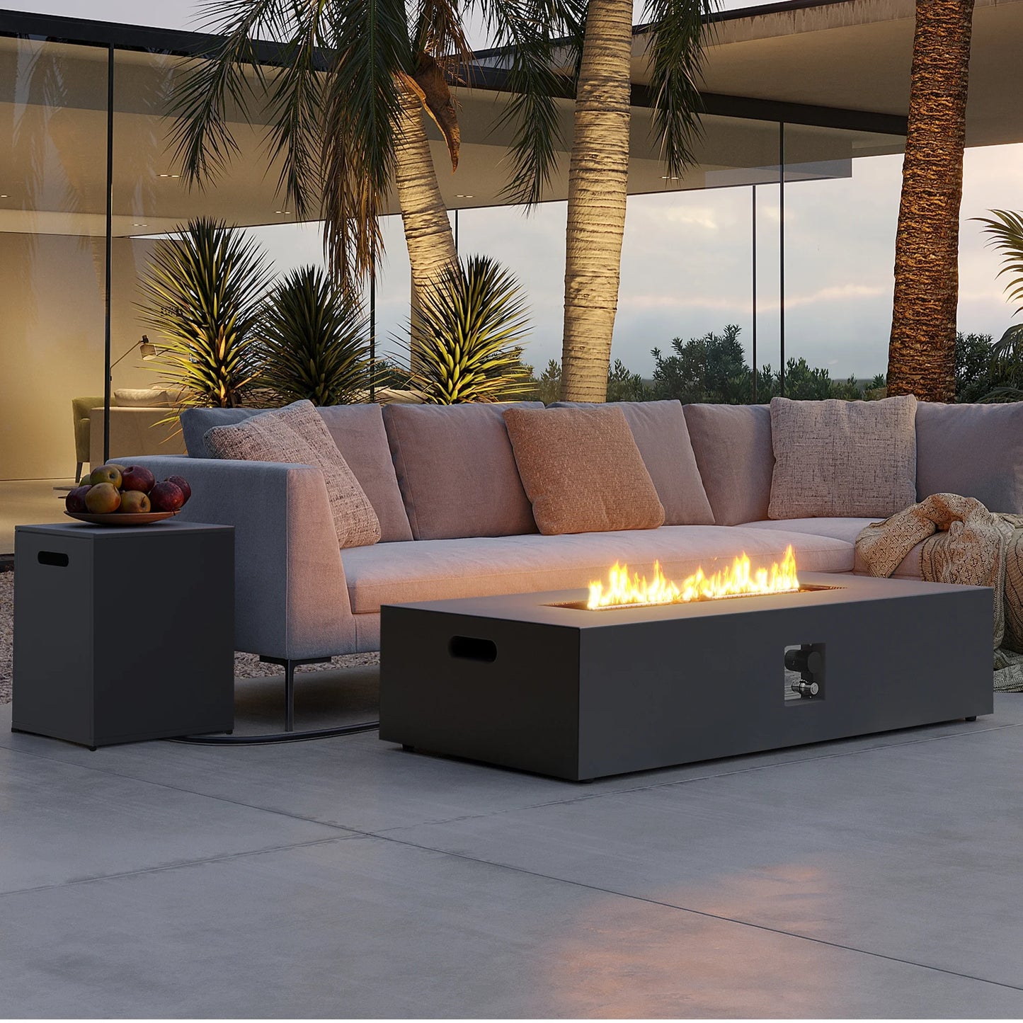 UPHA 56-inch Outdoor Propane Rectangle Fire Pit Table 50000 BTU Iron Gas FirePit for Outside Patio with Tank Cover, Removable Lid, Lava Rocks, Rain Cover, Grey
