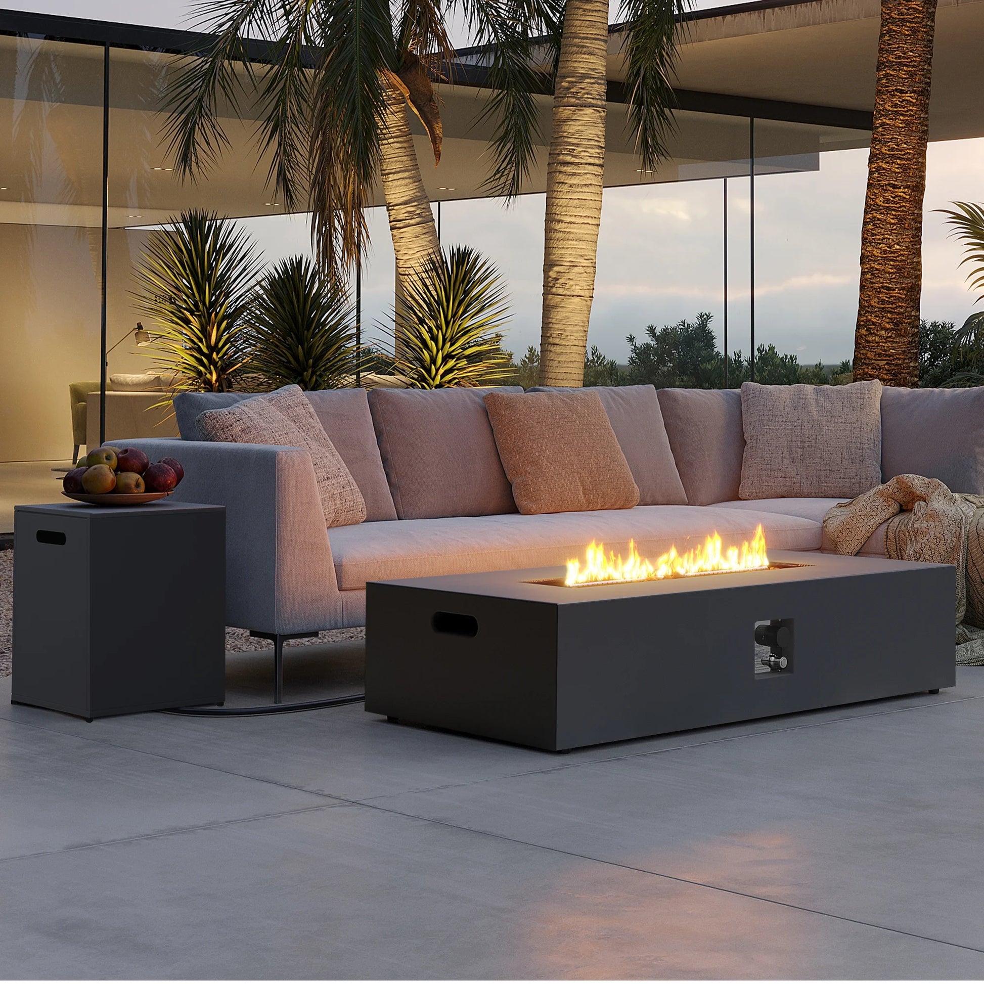 UPHA 56-inch Outdoor Propane Rectangle Fire Pit Table 50000 BTU Iron Gas FirePit for Outside Patio with Tank Cover, Removable Lid, Lava Rocks, Rain Cover, Grey