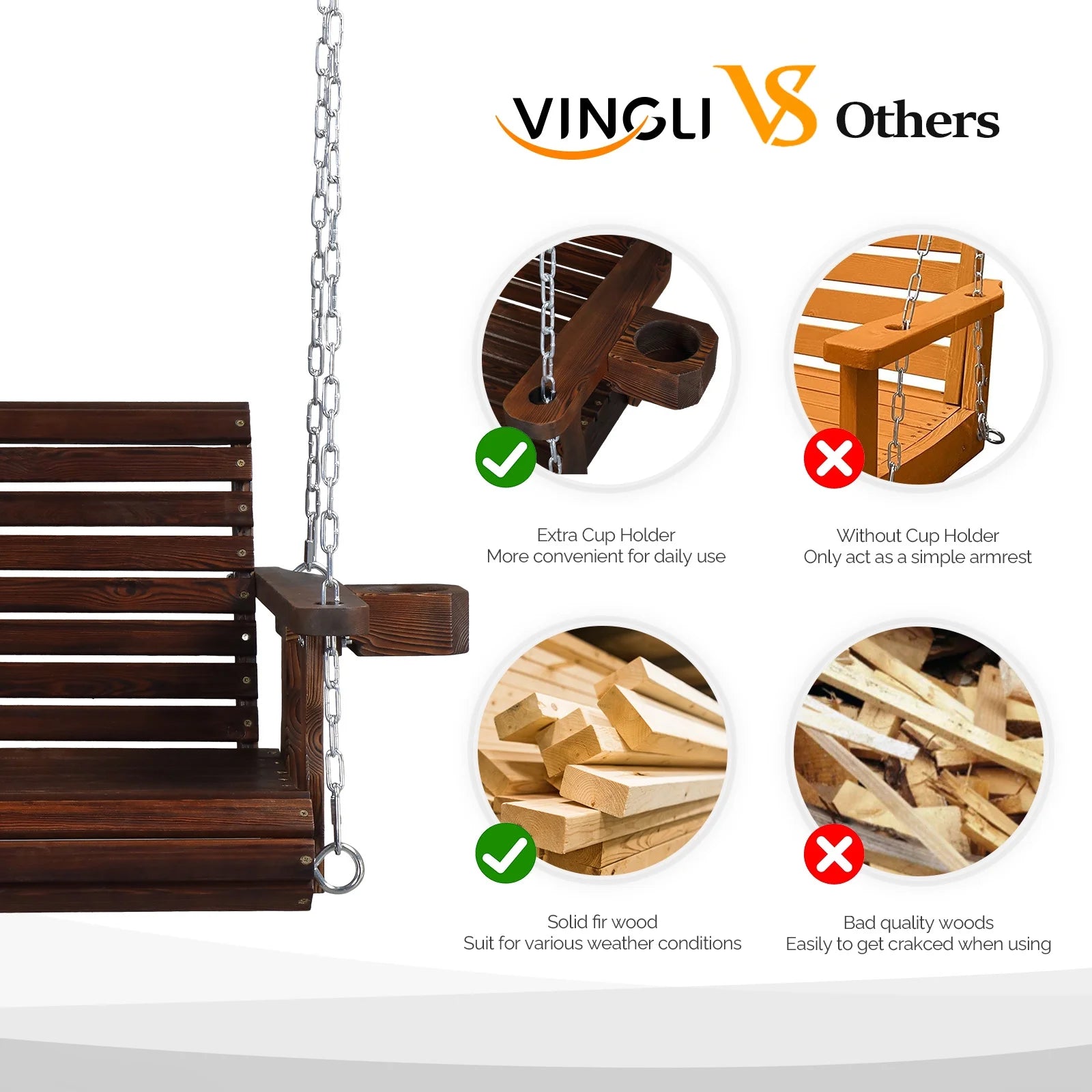 VINGLI XL 440 lbs Single Person Patio Porch Swing with Cup Holder & Adjustable Chains for Outdoors (Extra Large, White)