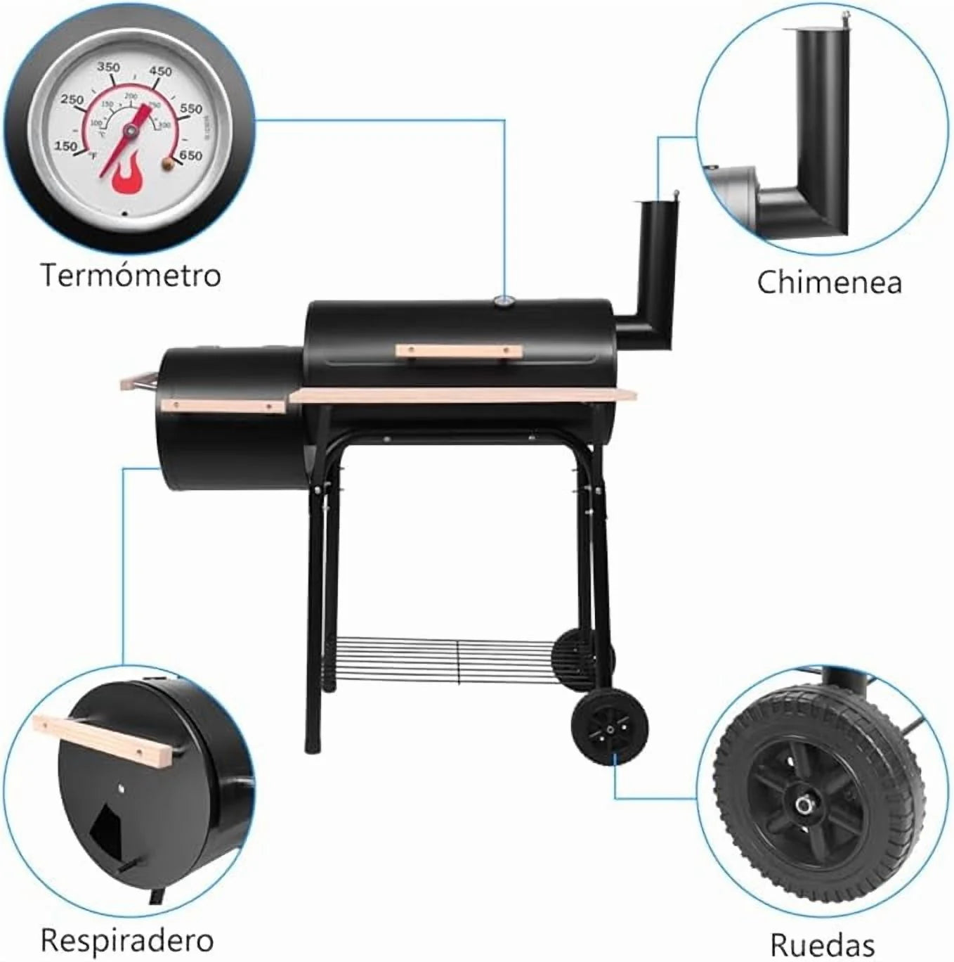Oil Drum Charcoal Furnace Grill & High-Temperature Offset Smoker - Camping BBQ with Side Fire Box, Wheels, Thermometer & Chimney - Portable Outdoor Barbecue for Backyard, Patio, Picnics & Tailgating