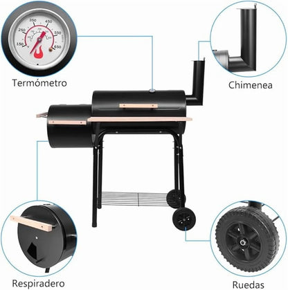 Oil Drum Charcoal Furnace Grill & High-Temperature Offset Smoker - Camping BBQ with Side Fire Box, Wheels, Thermometer & Chimney - Portable Outdoor Barbecue for Backyard, Patio, Picnics & Tailgating