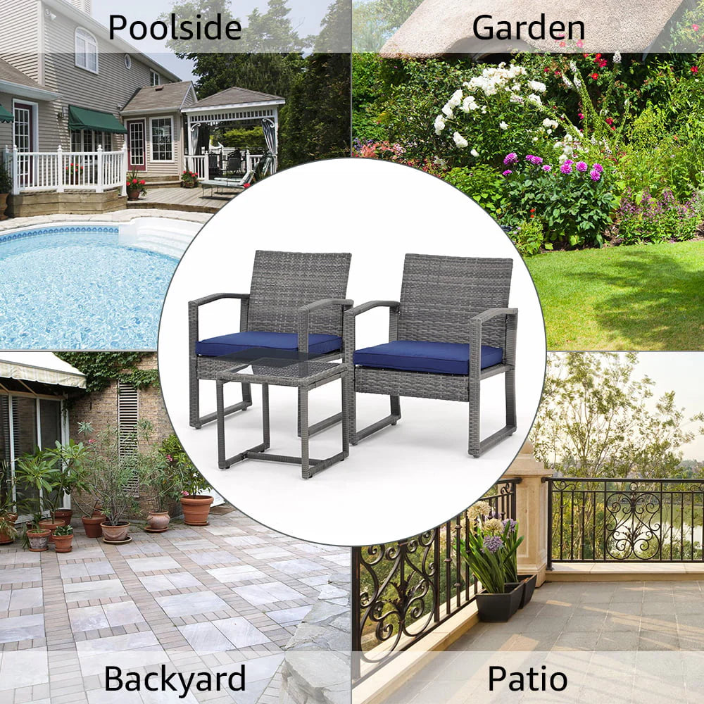Patiorama 3 Piece Outdoor Modern Bistro Set, Wicker Conversation Set, Patio Rattan Chair Set, Patio Furniture Set with Coffee Table, Garden (Blue)