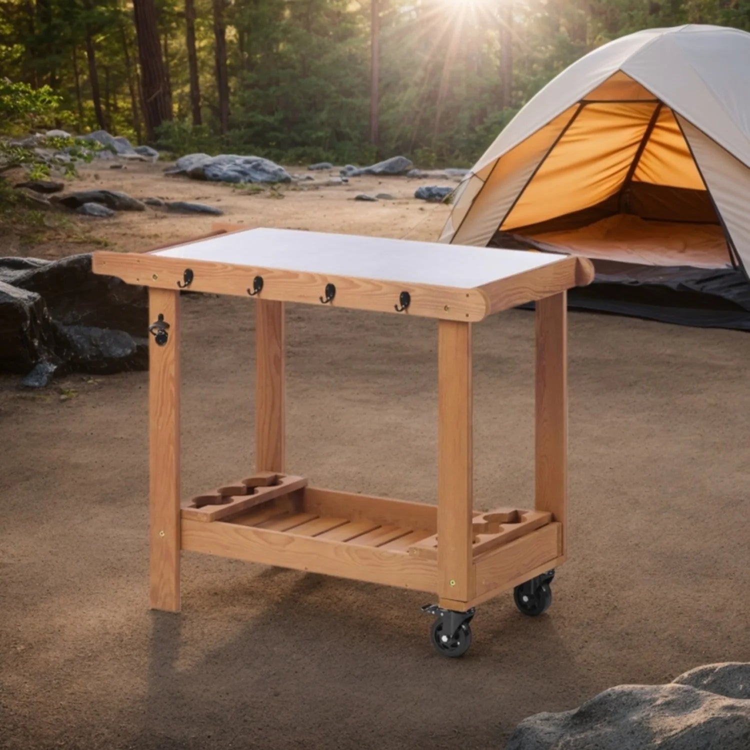 Outdoor Wooden Cart Table With Wheels Metal Top And Storage Hook For Patio Backyard Garden Offering Both Charm And Heat Resistance