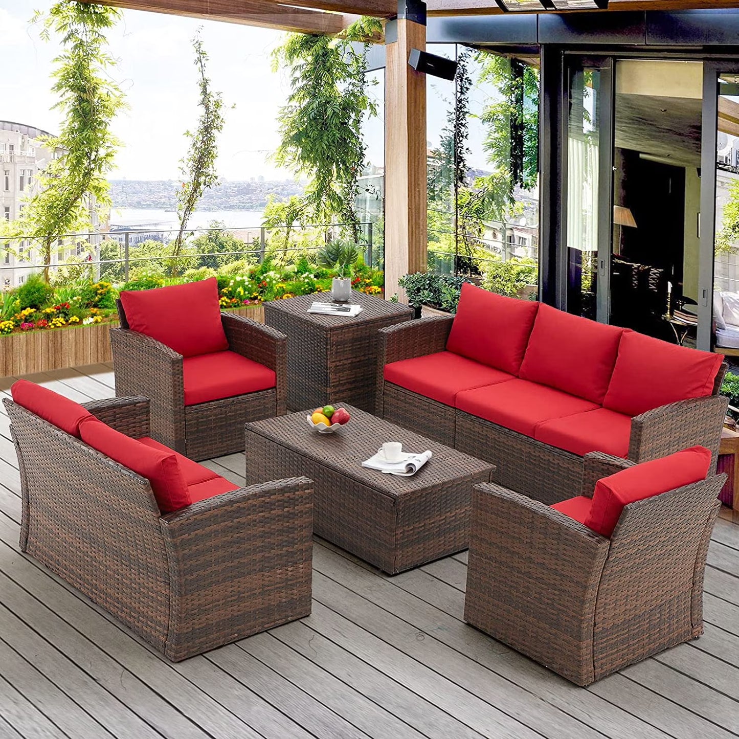 AECOJOY 7 Pieces Outdoor Furniture Set with Two Storage Boxes, Rattan Wicker Sectional Sofa Couch Patio Conversation Set, Dark Blue