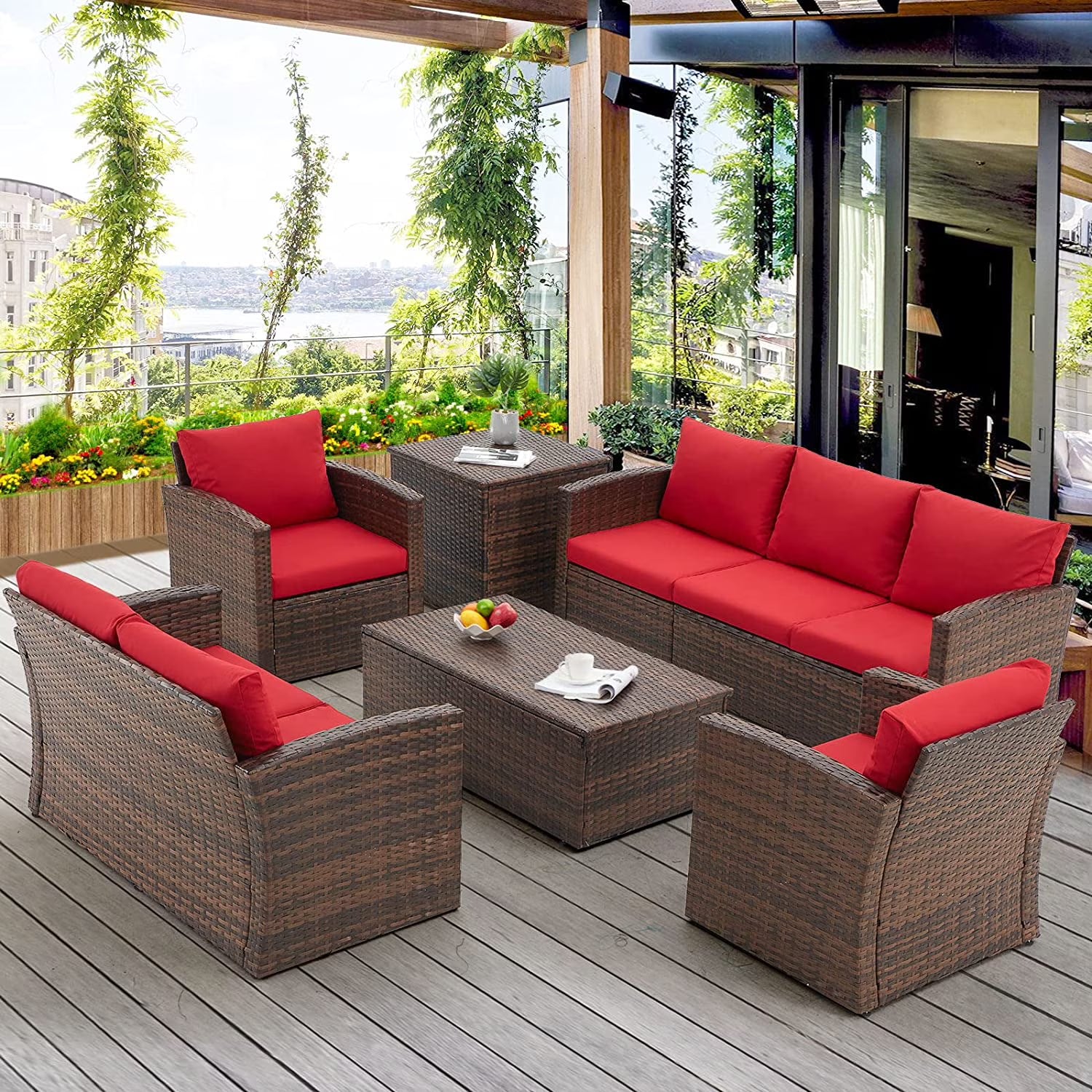 AECOJOY 7 Pieces Outdoor Furniture Set with Two Storage Boxes, Rattan Wicker Sectional Sofa Couch Patio Conversation Set, Dark Blue