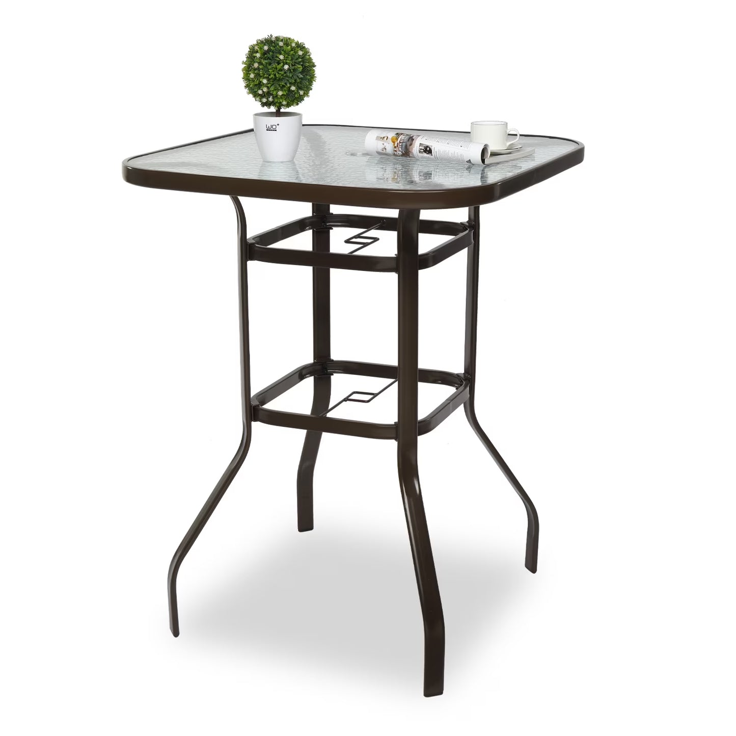 Ktaxon 31 Inch Patio Bar Table, Square Outdoor Bar Height Bistro Table with Tempered Glass Tabletop & Umbrella Hole, Outdoor Cocktail Table for Patio Yard Poolside, Brown