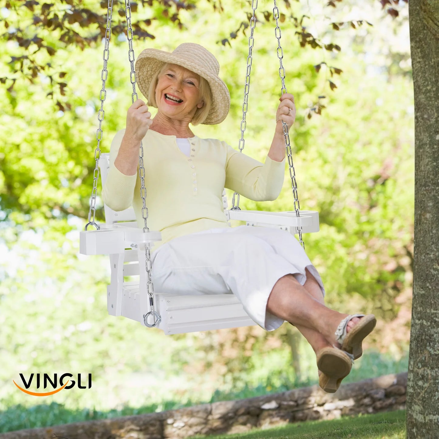 VINGLI XL 440 lbs Single Person Patio Porch Swing with Cup Holder & Adjustable Chains for Outdoors (Extra Large, White)