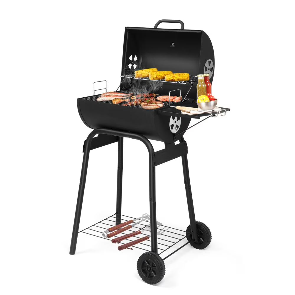 IVV Outdoor Charcoal Grill with Foldable Side Table, Moveable BBQ Grill w/Built-in Thermometer, Removeable Ash Rray Perfect for Picnics Patio Garden and Backyard Grilling, Black