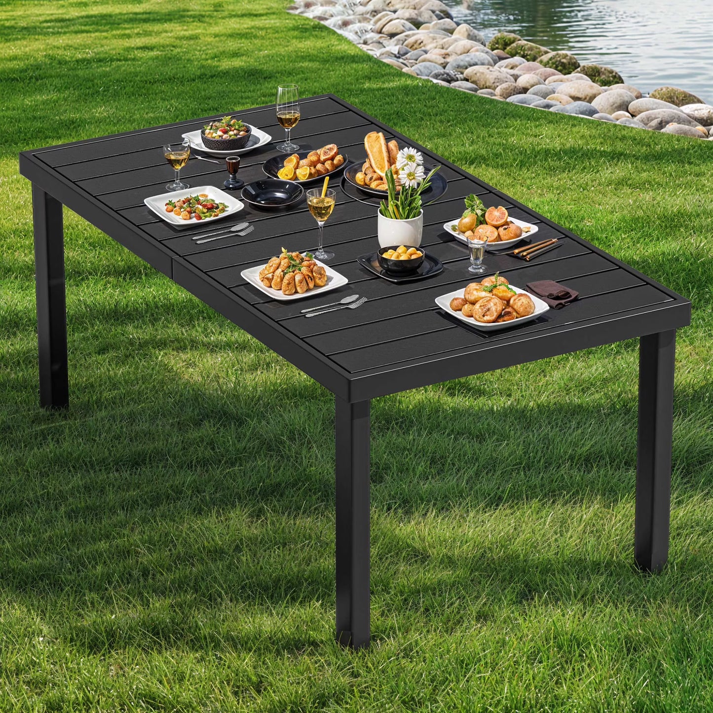 ModFusion 6-Person Aluminum Patio Dining Table with Composite Wood Slat Top, Weather-Resistant Outdoor Table for Garden, Porch & Backyard Black