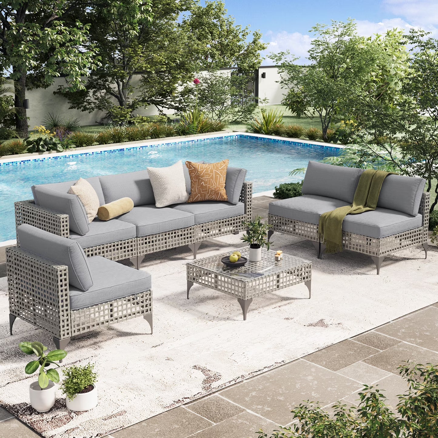 YODOLLA 7-Piece Patio Furniture Set with Tea Table, Rattan Wicker Outdoor Sectional Furniture Sofa Conversation Set, Dark Brown Rattan& Dark Grey Cushions