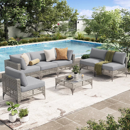 YODOLLA 7-Piece Patio Furniture Set with Tea Table, Rattan Wicker Outdoor Sectional Furniture Sofa Conversation Set, Dark Brown Rattan& Dark Grey Cushions
