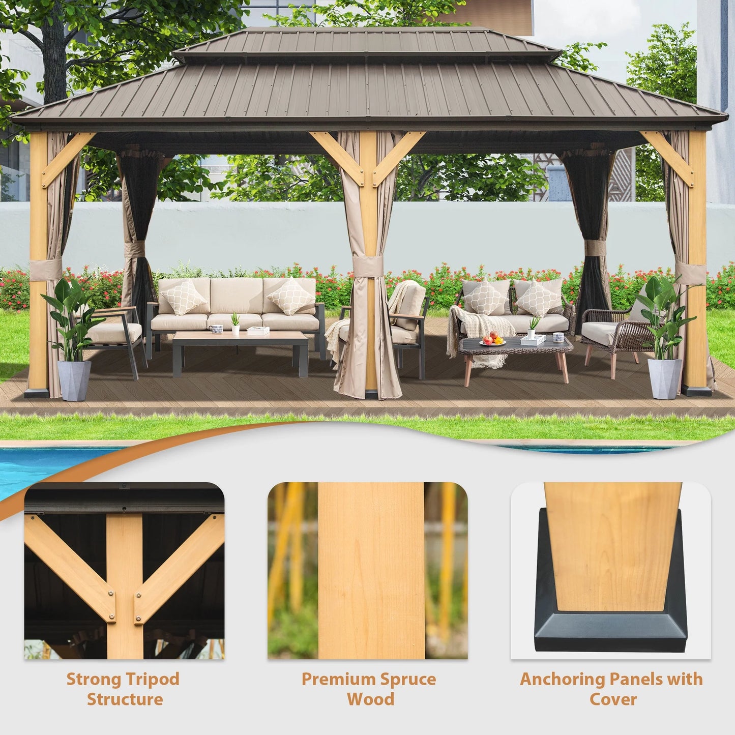 Domi 12x20 ft Wood Gazebo, Cedar Wood Frame Hardtop Gazebo with Galvanized Steel Double Roof, Outdoor Gazebo with Netting and Curtains, Patio Gazebo Pergola Pavilion for Patio, Backyard, Deck, Lawns