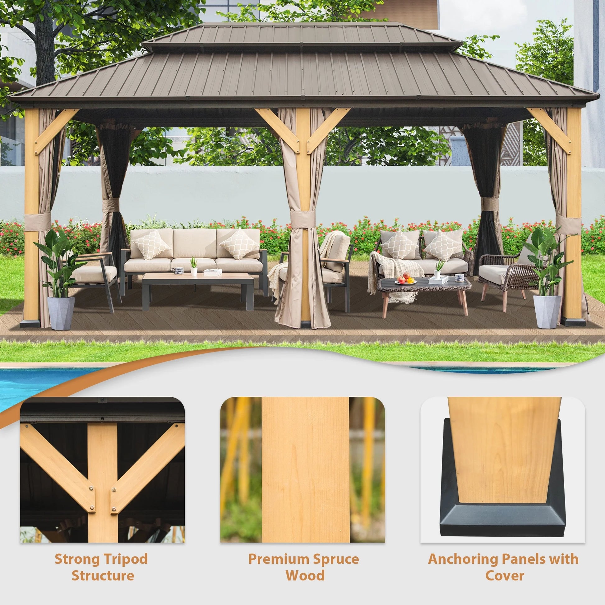 Domi 12x20 ft Wood Gazebo, Cedar Wood Frame Hardtop Gazebo with Galvanized Steel Double Roof, Outdoor Gazebo with Netting and Curtains, Patio Gazebo Pergola Pavilion for Patio, Backyard, Deck, Lawns