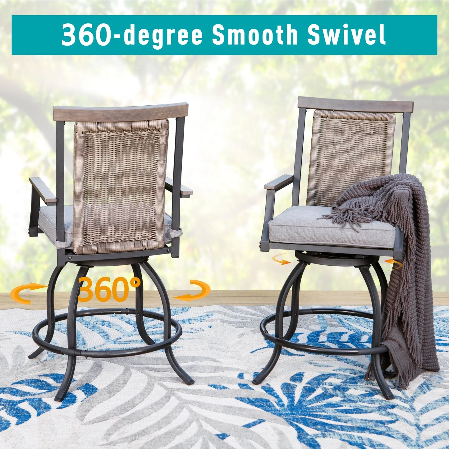 Sophia & William 3 Pieces Patio Outdoor Bar Stools Bistro Set Rattan Wicker Chairs & Square Metal Table Furniture Set