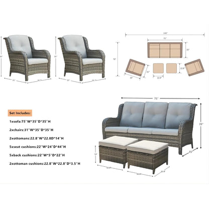 Pocassy 5-Piece Patio Furniture Set with Ottomans Brown/Beige