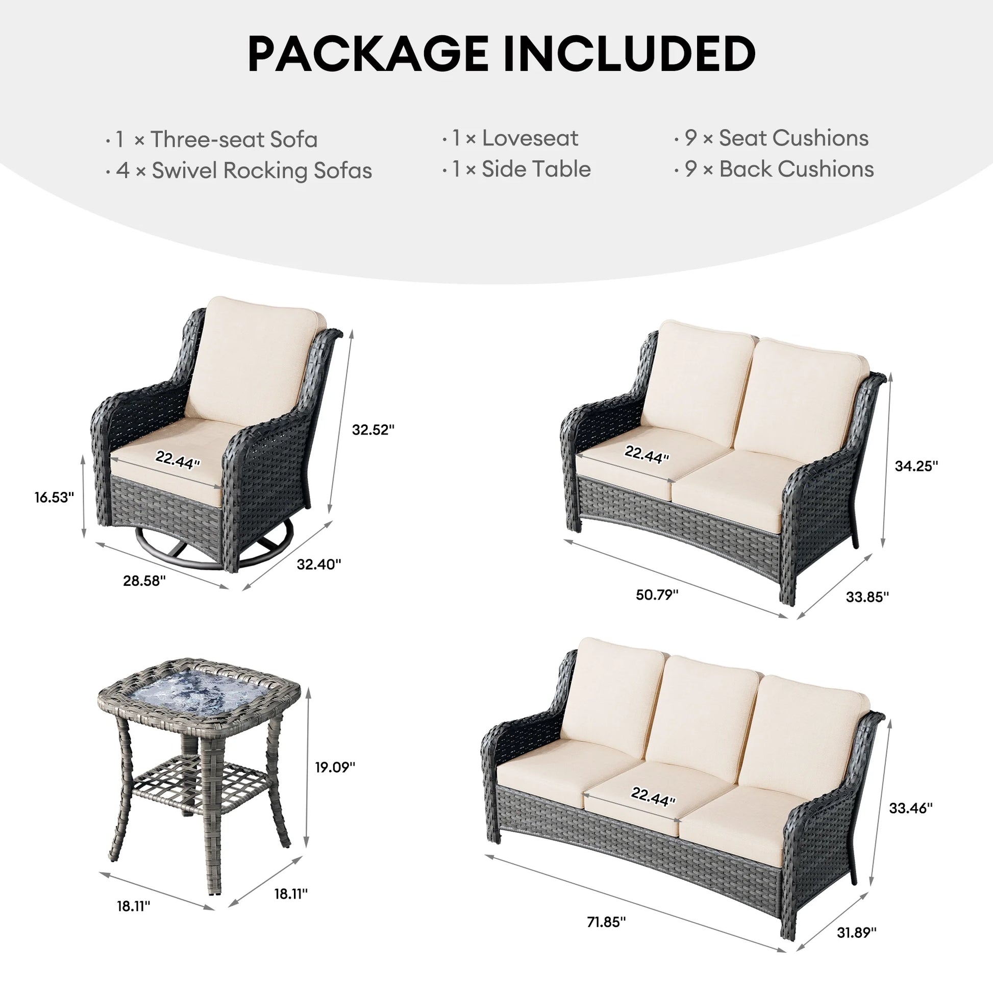 Ovios 8-Piece Wicker Outdoor Sectional Patio Set with Swivel Chairs and Loveseat, Gray