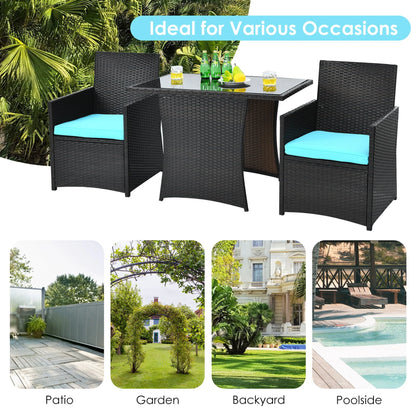 Gymax 3PCS Patio Wicker Bistro Set PE Rattan Dining Table Set w/Turquoise Cushions