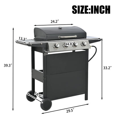 4 Burner Propane Gas Grill with 34,000 BTU Powerful Heat, Stainless Steel Grill with Double Shelves, for Patio, Garden, Black