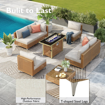 7 Pieces Patio Furniture Set, Wicker Sectional Table and Chairs Sets, Patio Conversation Set with Sectional Chaise Longue, Coffee Table, Suitable for Porch Backyard Garden, Beige