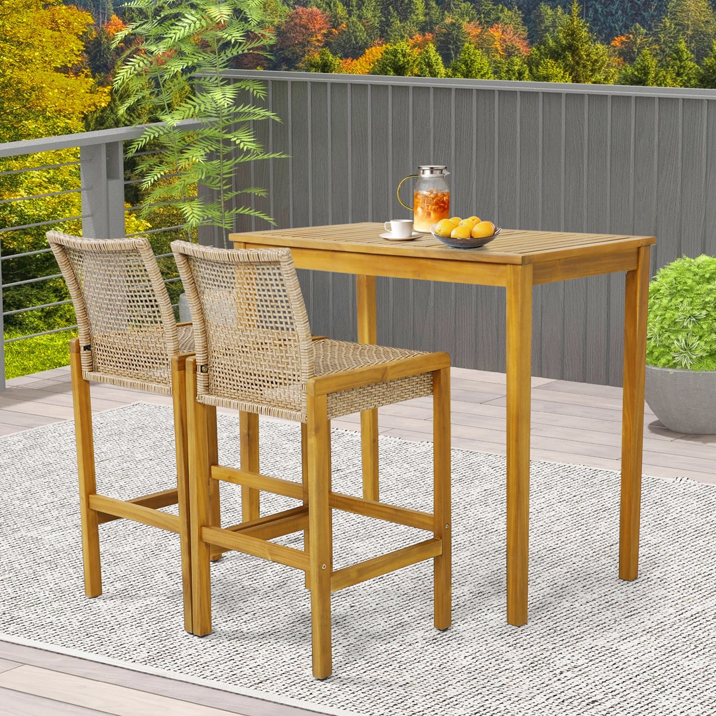 Costway Set of 2 Patio Wood Barstools Rattan Bar Height Chairs with Backrest Porch Balcony
