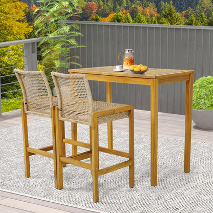 Costway Set of 2 Patio Wood Barstools Rattan Bar Height Chairs with Backrest Porch Balcony